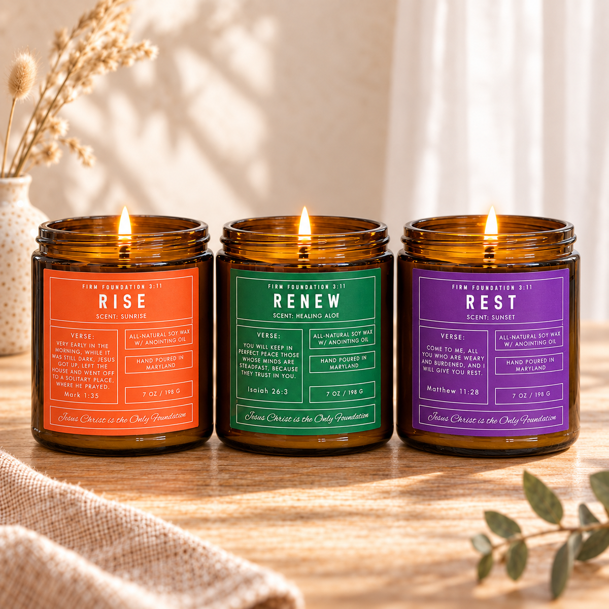 Renewal Collection prayer candle set in a warm, sunlit setting