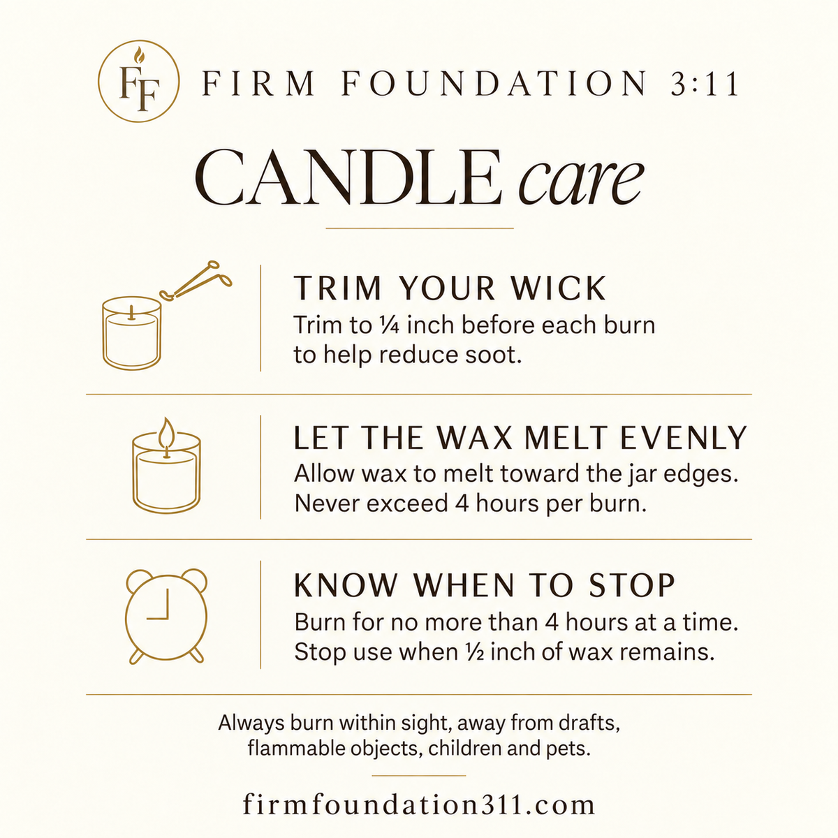 Firm Foundation 3:11 candle care: trim wick to ¼ inch, allow wax to melt evenly, burn no longer than 4 hours, and stop when ½ inch of wax remains. Burn within sight, away from drafts, flammable objects, children and pets.