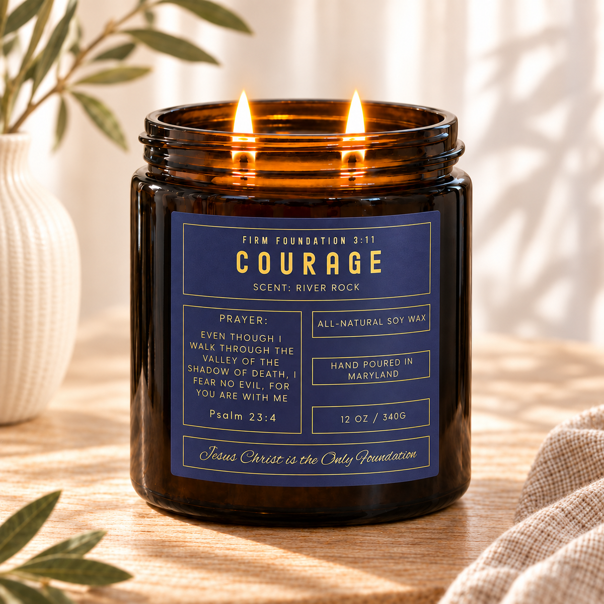 Courage prayer candle in a warm, sunlit setting