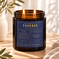 Courage prayer candle in a warm, sunlit setting