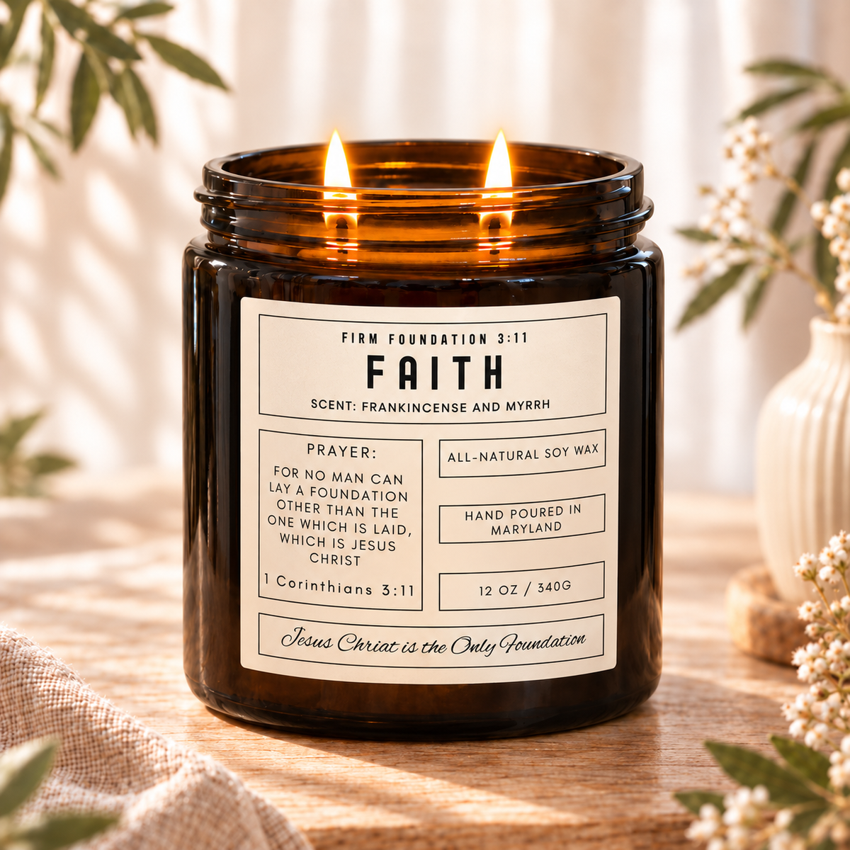 Faith prayer candle in a warm, sunlit setting