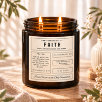Faith prayer candle in a warm, sunlit setting