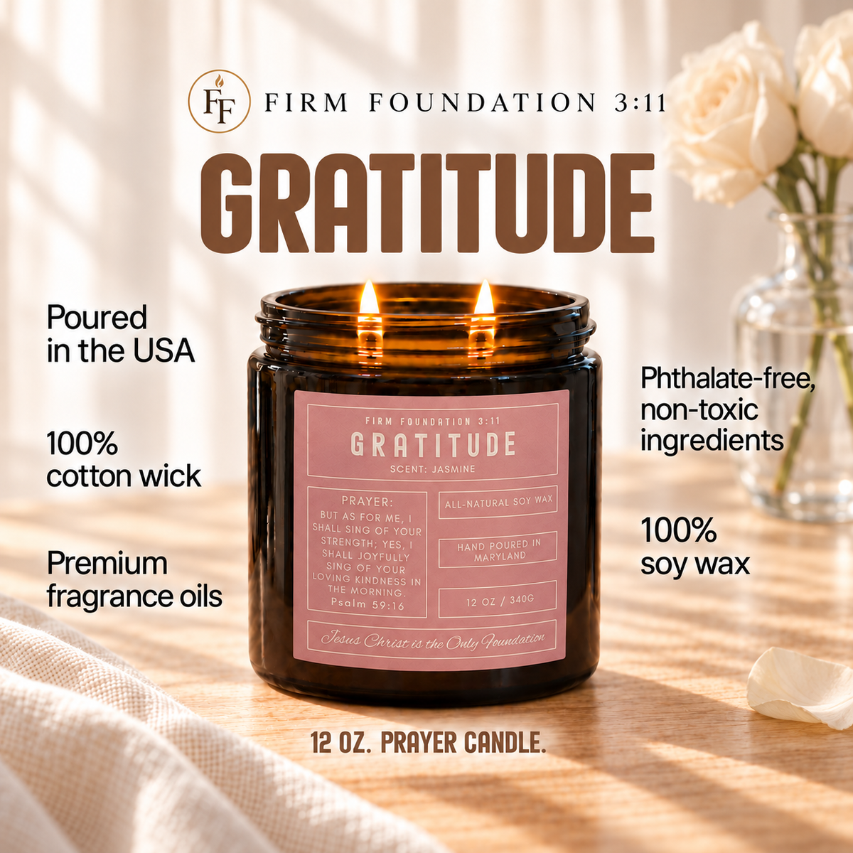 Gratitude prayer candle with candle details
