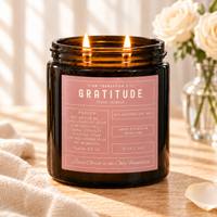 Gratitude prayer candle in a warm, sunlit setting