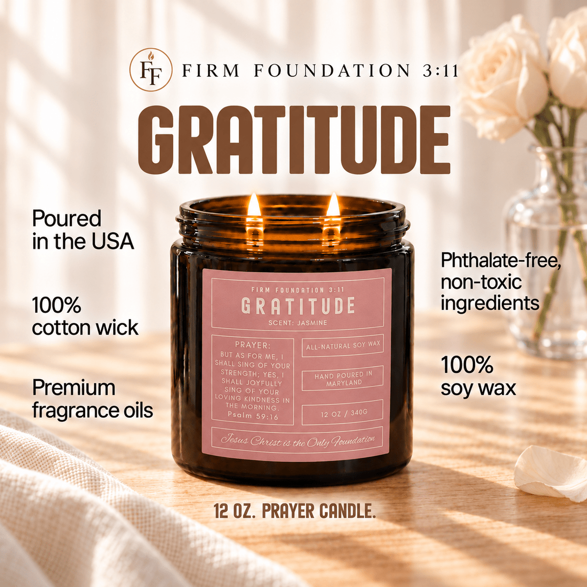 Gratitude Prayer Candle | Jasmine - Firm Foundation 3:11
