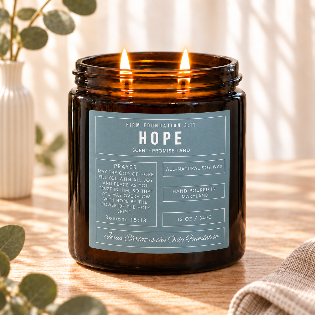 Hope prayer candle in a warm, sunlit setting