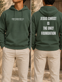 Jesus Foundation Alpine Green hoodie — front and back lifestyle mockup