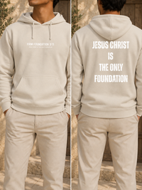 Jesus Foundation Bone hoodie — front and back lifestyle mockup
