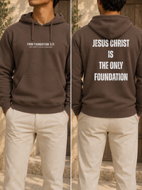 Jesus Foundation Brown hoodie — front and back lifestyle mockup