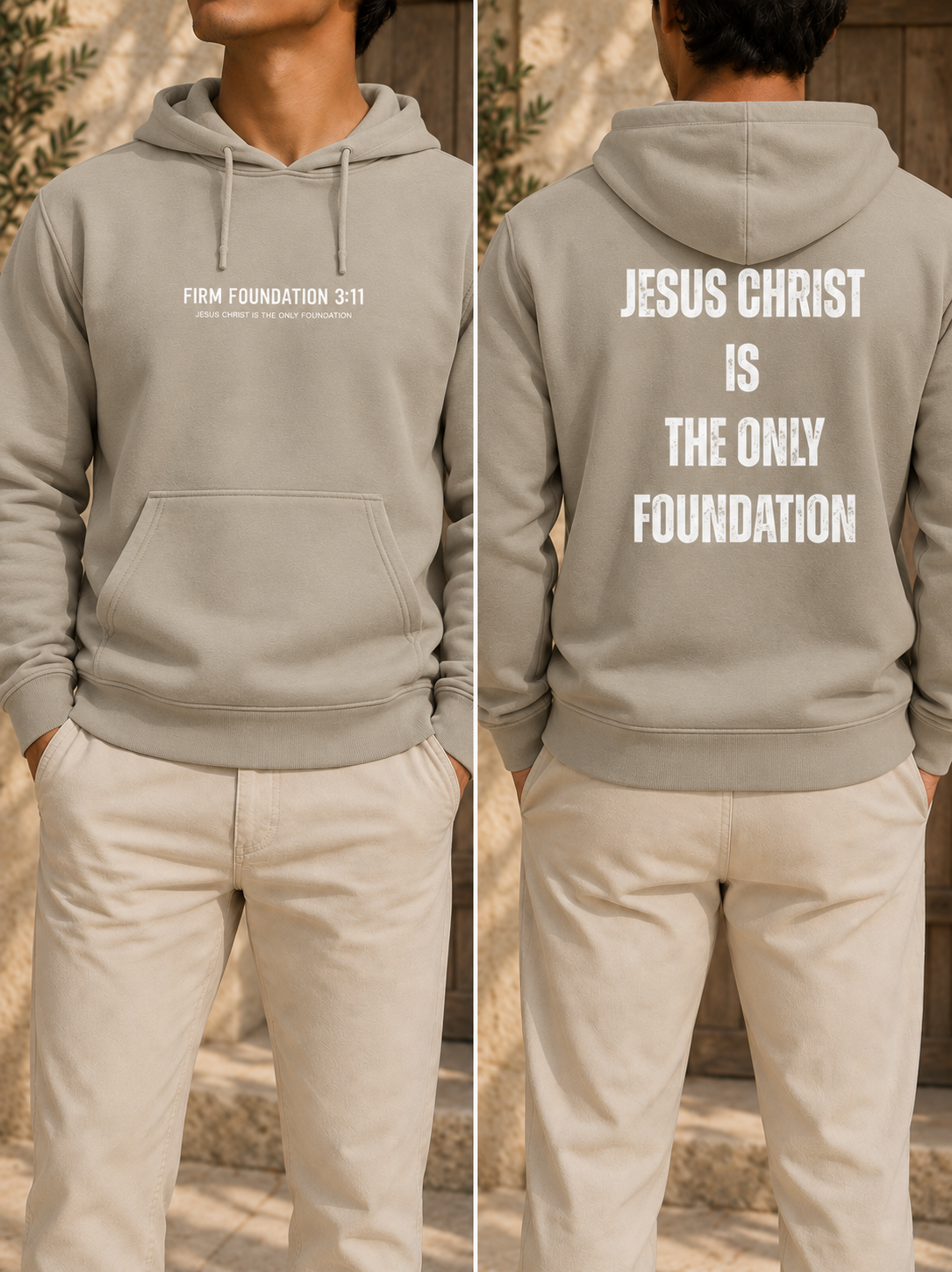 Jesus Foundation Cement hoodie — front and back lifestyle mockup