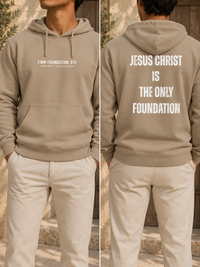 Jesus Foundation Sandstone hoodie — front and back lifestyle mockup