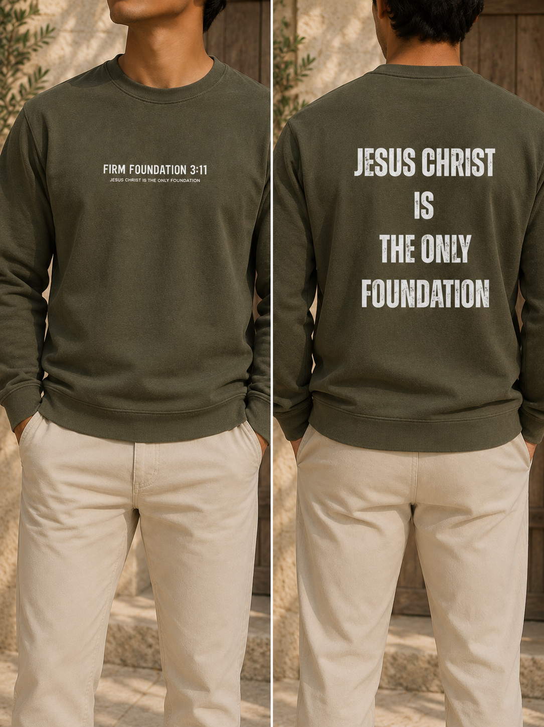 Jesus Foundation Army sweatshirt — front and back lifestyle mockup