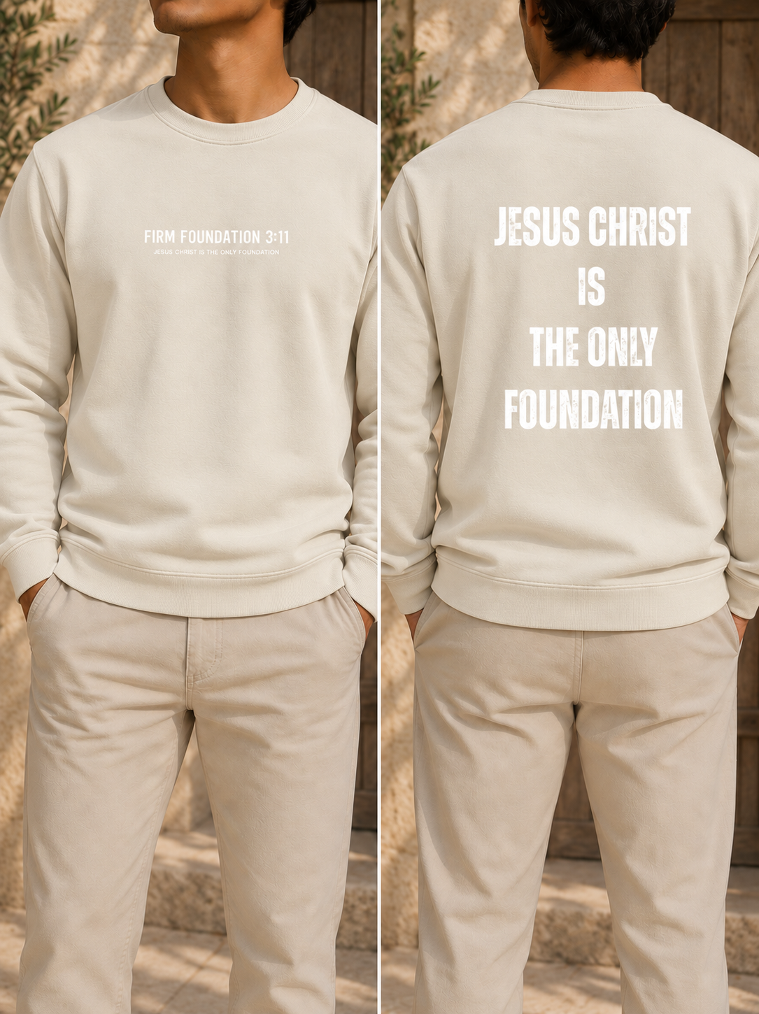 Jesus Foundation Bone sweatshirt — front and back lifestyle mockup