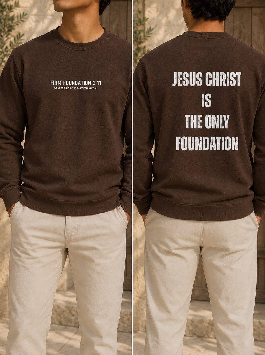 Jesus Foundation Brown sweatshirt — front and back lifestyle mockup