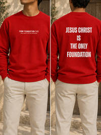 Jesus Foundation Red sweatshirt — front and back lifestyle mockup