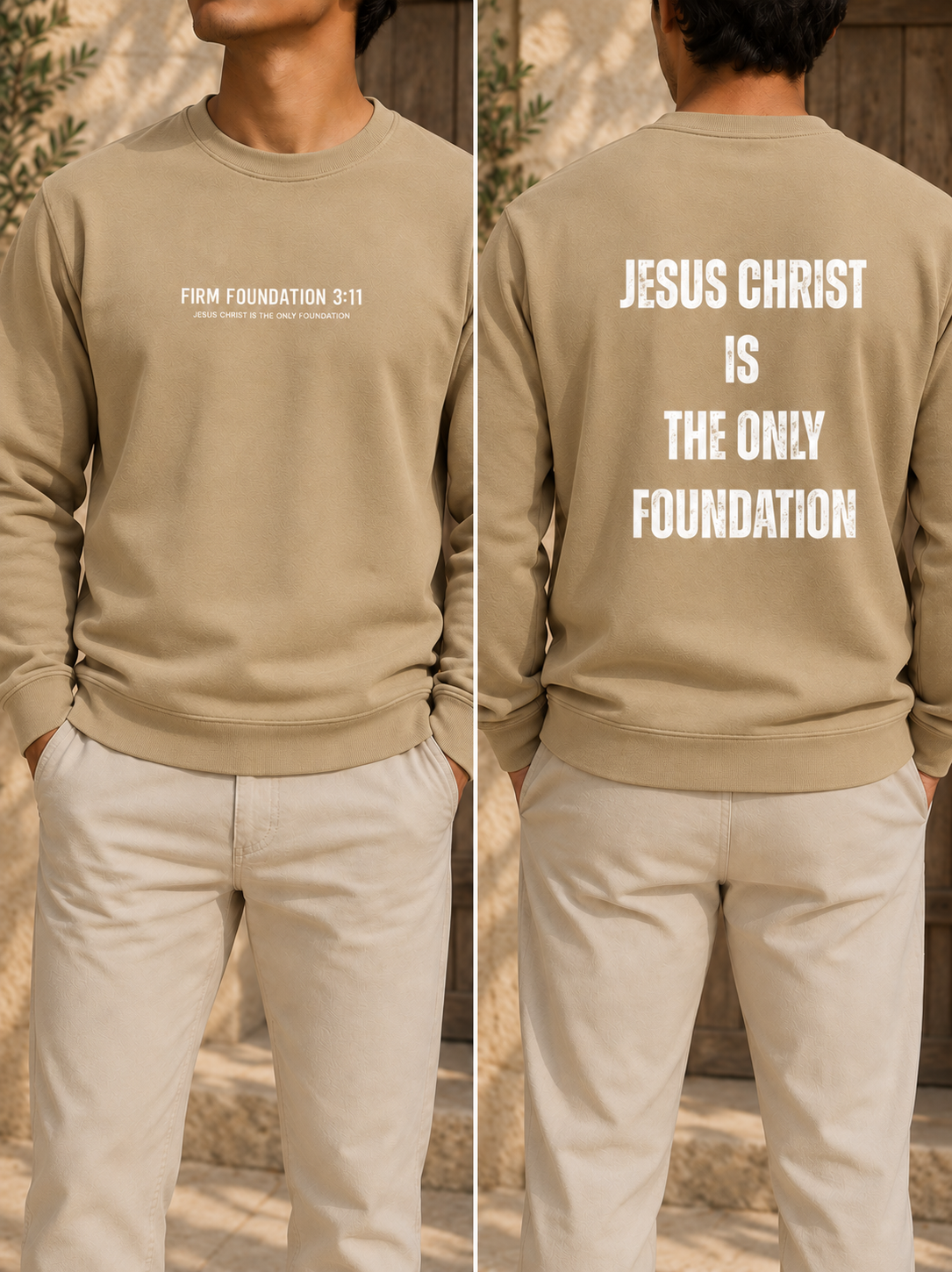 Jesus Foundation Sandstone sweatshirt — front and back lifestyle mockup