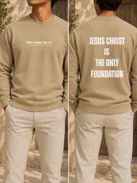 Jesus Foundation Sandstone sweatshirt — front and back lifestyle mockup