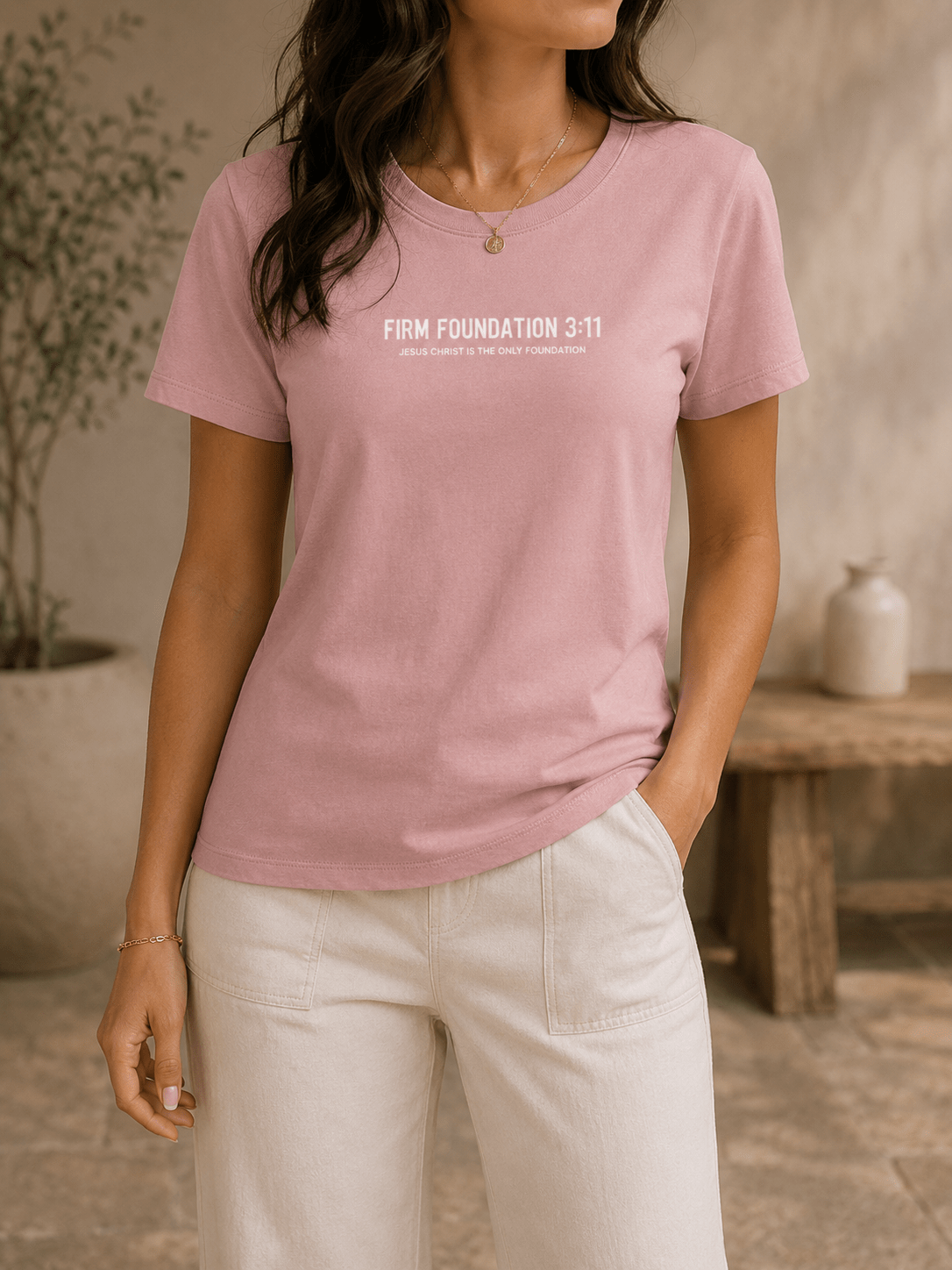 Ladies Crew "Jesus Christ is the Only Foundation" T-Shirt - Firm Foundation 3:11