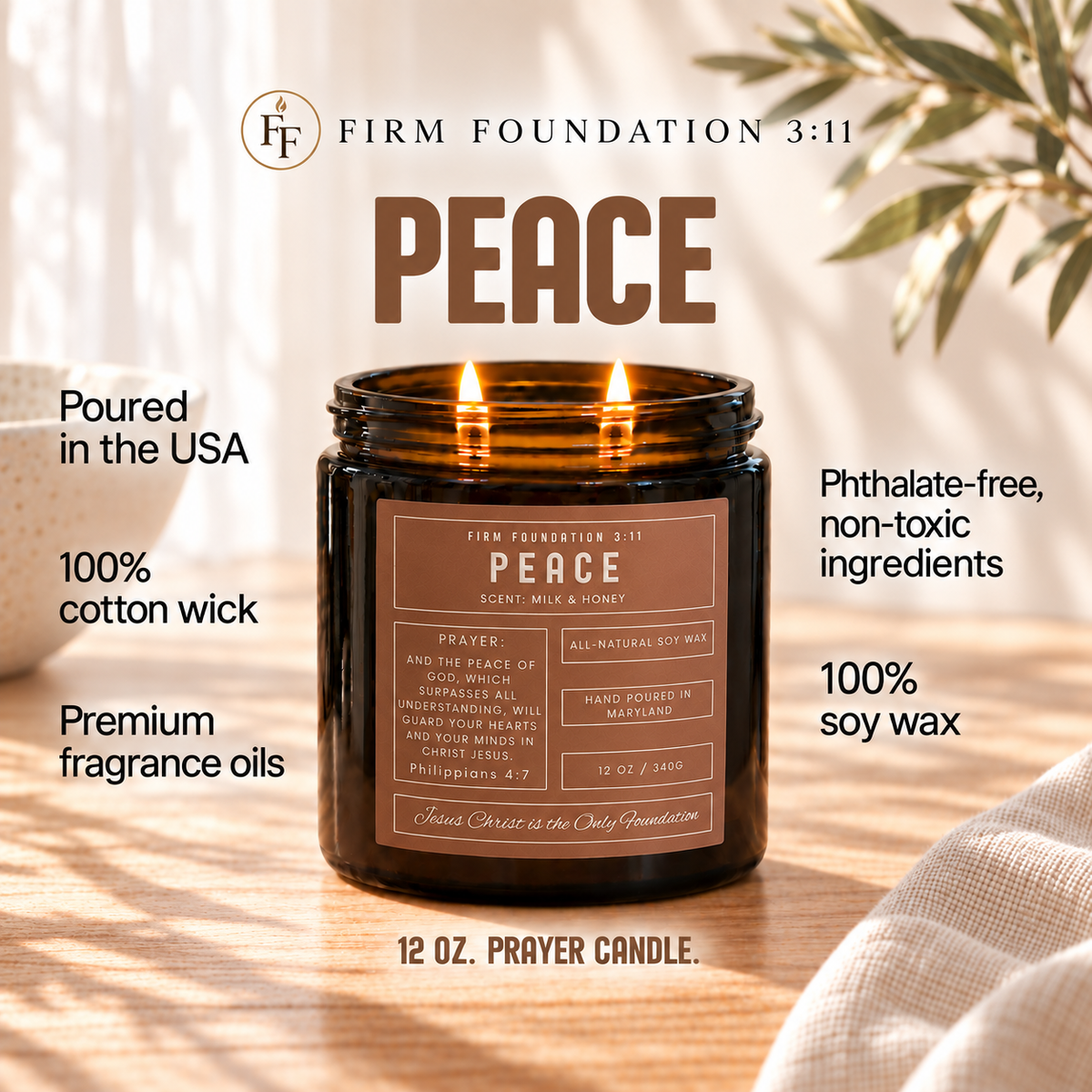 Peace prayer candle with candle details