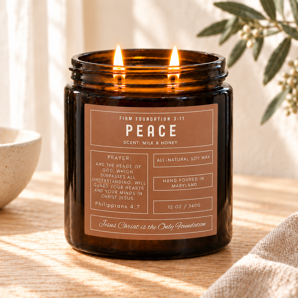 Peace prayer candle in a warm, sunlit setting
