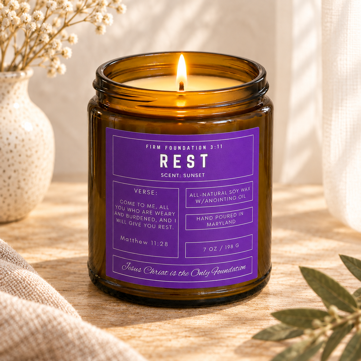 Rest prayer candle in a warm, sunlit setting