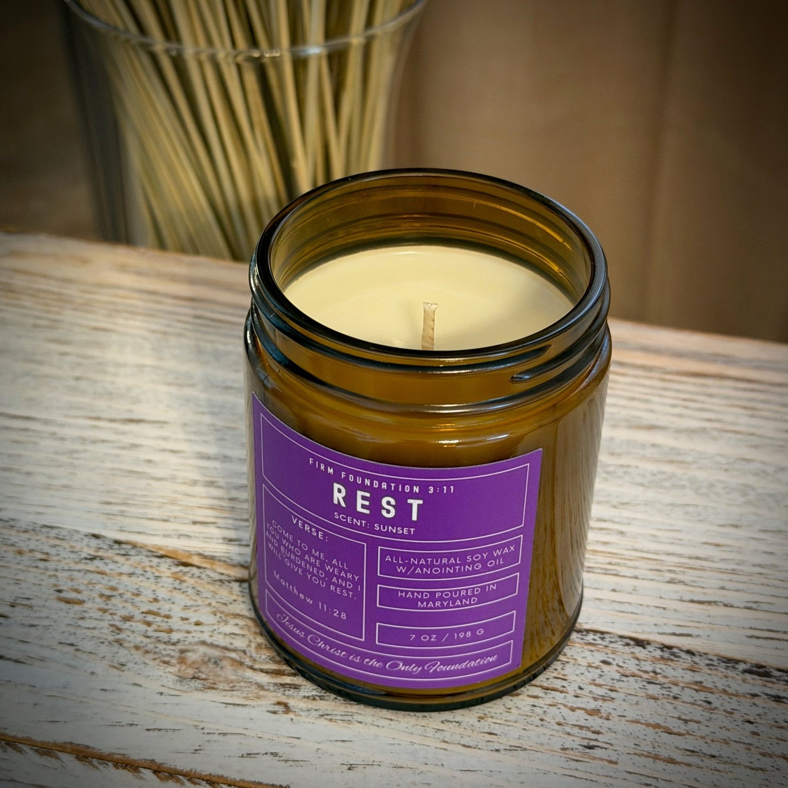 "Rest" Prayer Candle - Hand Poured Premium Soy Wax - Firm Foundation 3:11