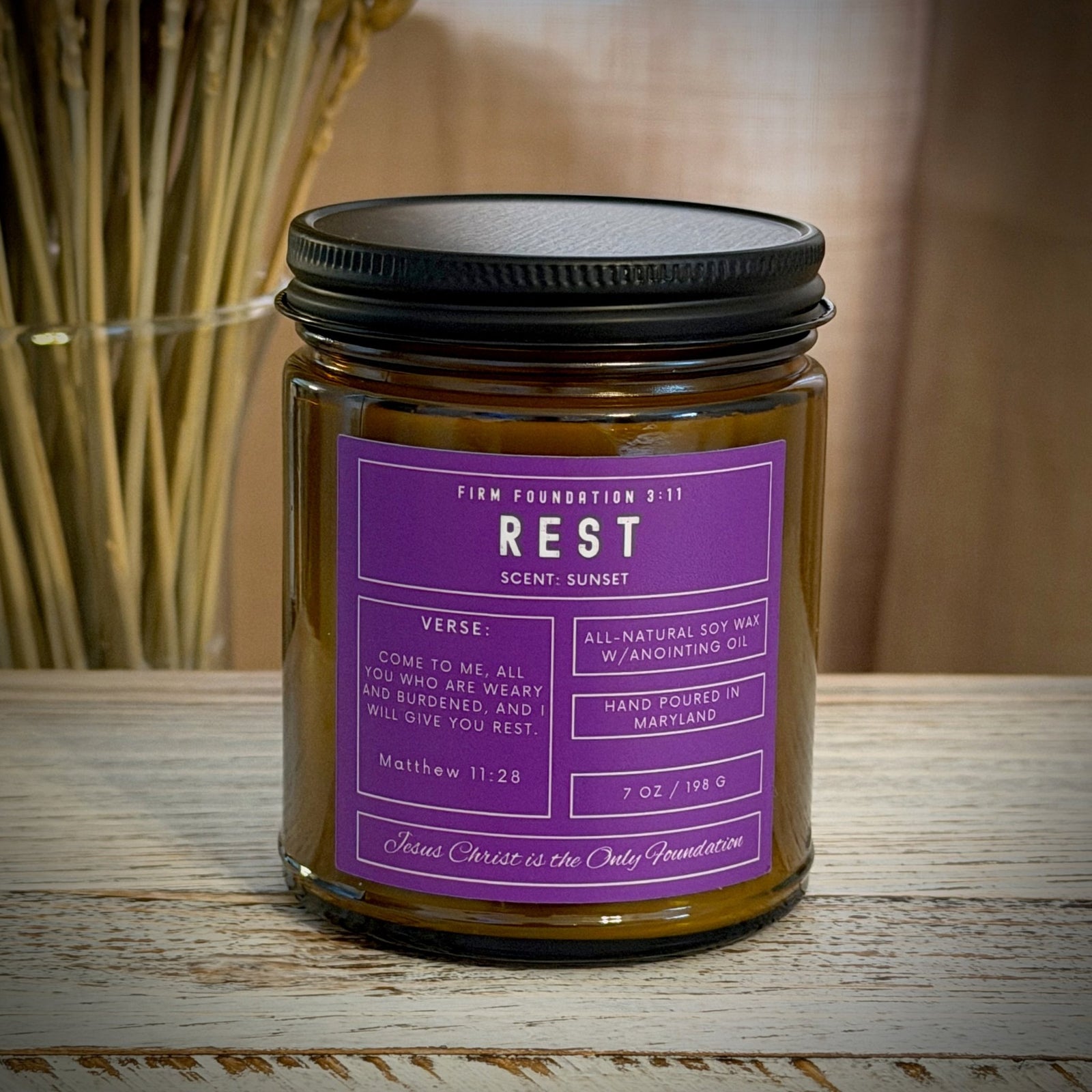 "Rest" Prayer Candle - Hand Poured Premium Soy Wax - Firm Foundation 3:11